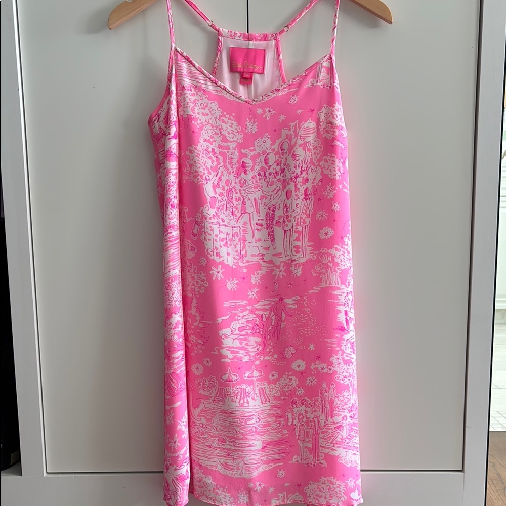 Lilly Pulitzer 100% Silk Lined Adjustable strap Pink and White Mini Dress